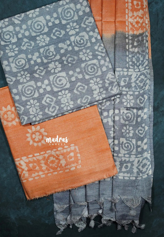 Grey - 3 piece batik semi tussar salwar suit