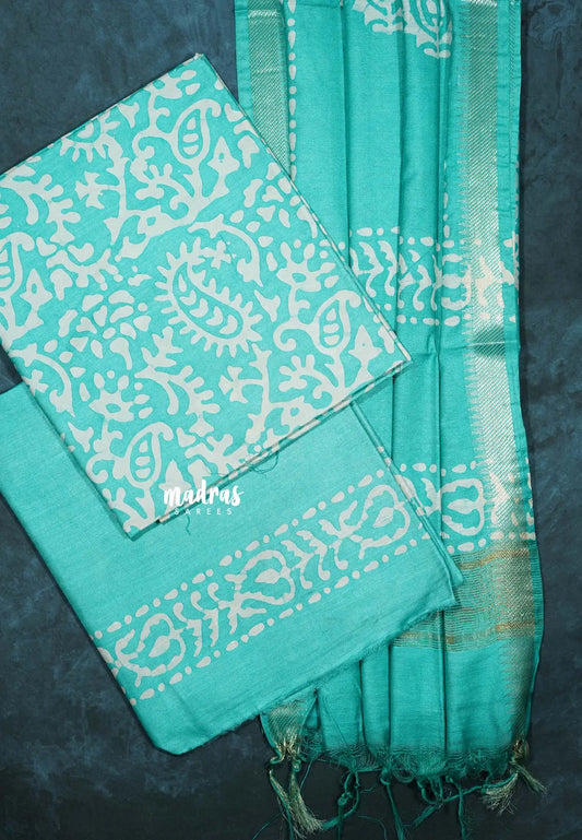 Turquoise Sea Green - 3 piece batik semi tussar salwar suit