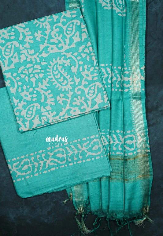 Turquoise Sea Green - 3 piece batik semi tussar salwar suit