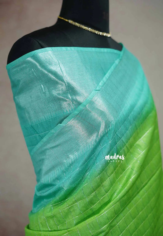 Sithara - Semi Tussar with checks body silver zari - Teal blue with green