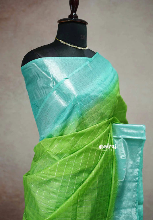 Sithara - Semi Tussar with checks body silver zari - Teal blue with green