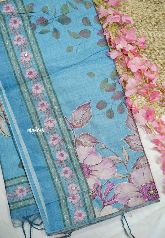 Roopa - Premium Chappa semi tussar floral prints with embroidery outline - Cerulean blue