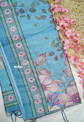 Roopa - Premium Chappa semi tussar floral prints with embroidery outline - Cerulean blue