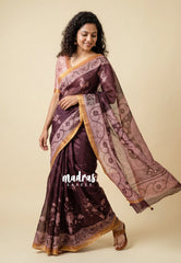 Deep Wine Brown - Shalini Premium Kota Silk with Kalamkari Prints Floral Border and Blouse - Best for Small Functions