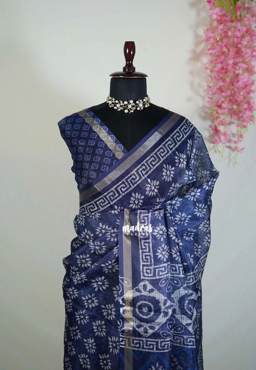 Indigo Blue -  Shalini Fancy Kota Cotton with Florla Prints - Best for Office Wear