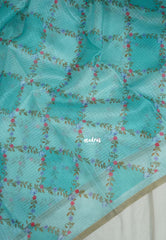 Soft Turquoise - Shalini Premium Kota Silk with Flower Prints Checks Pattern - Best for Office Wear | Casual Wear