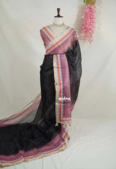 Nightfall Black - Shalini Premium Kota Silk Saree Plain with Multiline Border- Best for Office Wear | Casual Wear