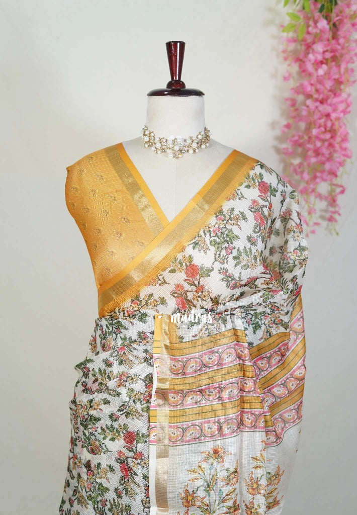 Ivory White - Shalini Premium Kota Silk Floral Prints with Small Border - Best for Small Functions