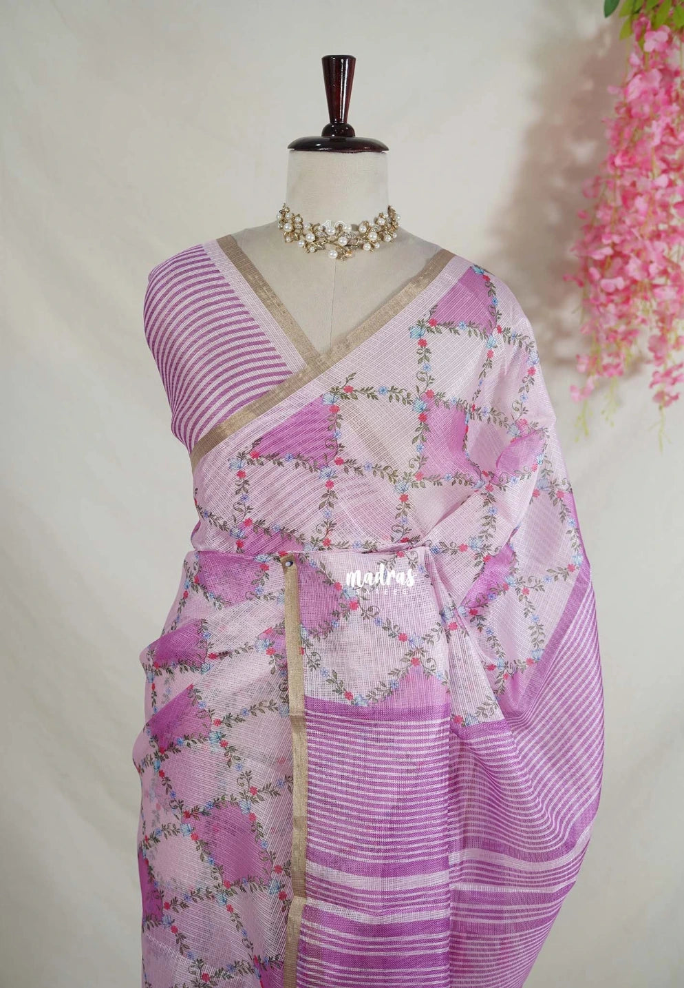 Lilac Pink - Shalini Premium Kota Silk with Flower Prints Checks Pattern - Best for Office Wear | Casual Wear