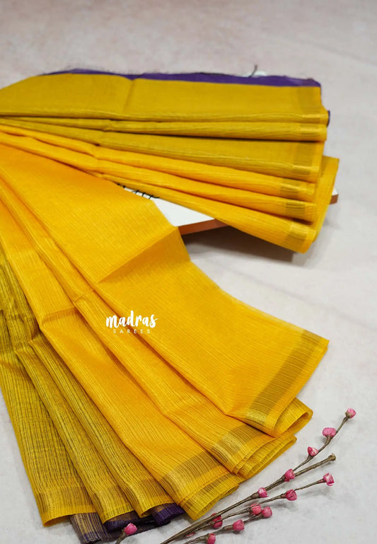 Mango yellow with Purple - Shalini Premium kota silk with small border contrast pallu and blouse