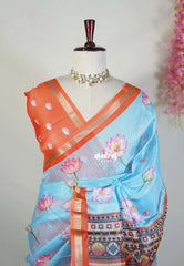 Sky Blue - Shalini Premium Kota Silk with Divine Lotus Prints - Best for Pooja Functions | Casual Wear