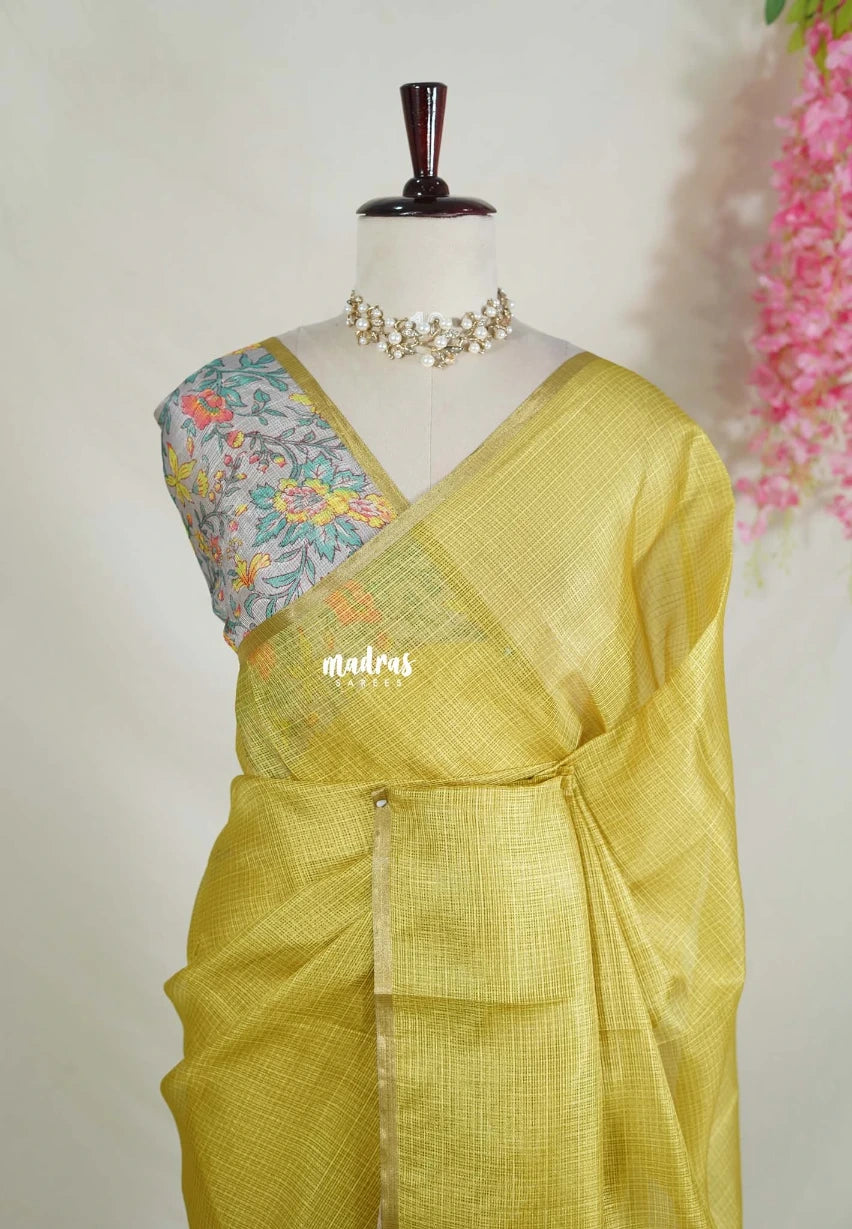 Yellowish Green - Shalini Premium Kota Silk Saree Plain with Floral Printed Blouse - Best for Office Wear | Casual Wear