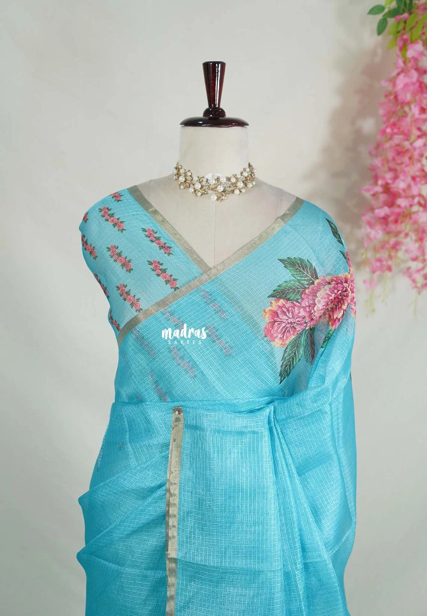 Bright Sky Blue - Shalini Premium Kota Silk Saree with Floral Printed Blouse - Best for Office Wear | Casual Wear