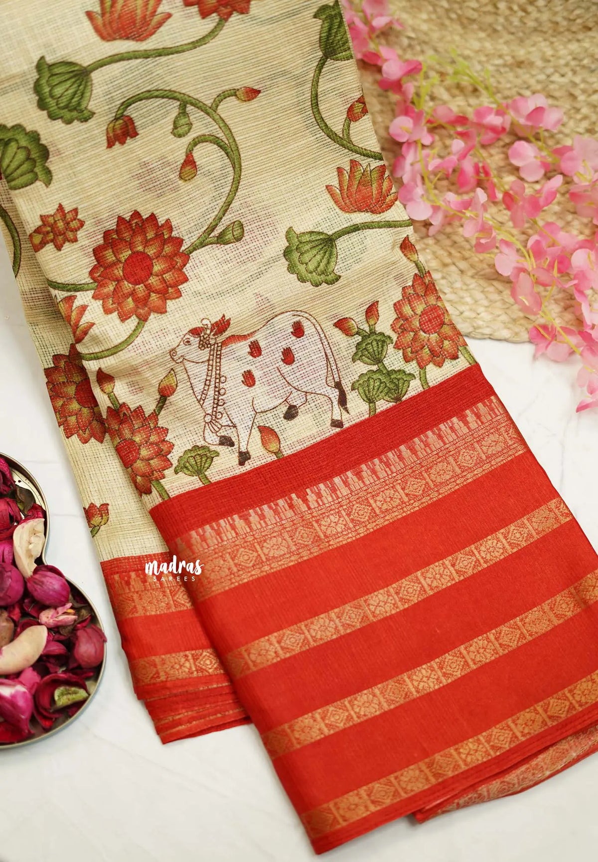 Shalini Pichwai Printed kota semi silk saree with multi border Beige color