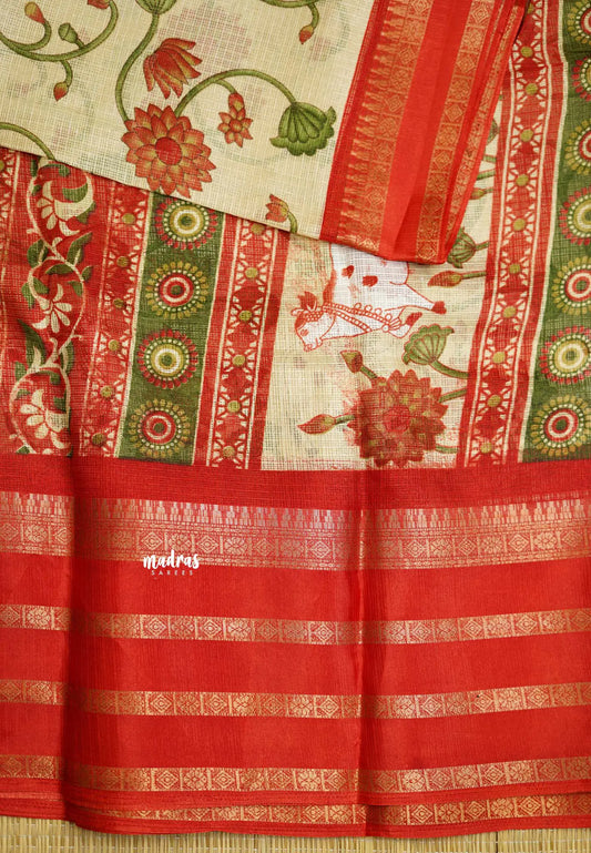 Shalini Pichwai Printed kota semi silk saree with multi border Beige color