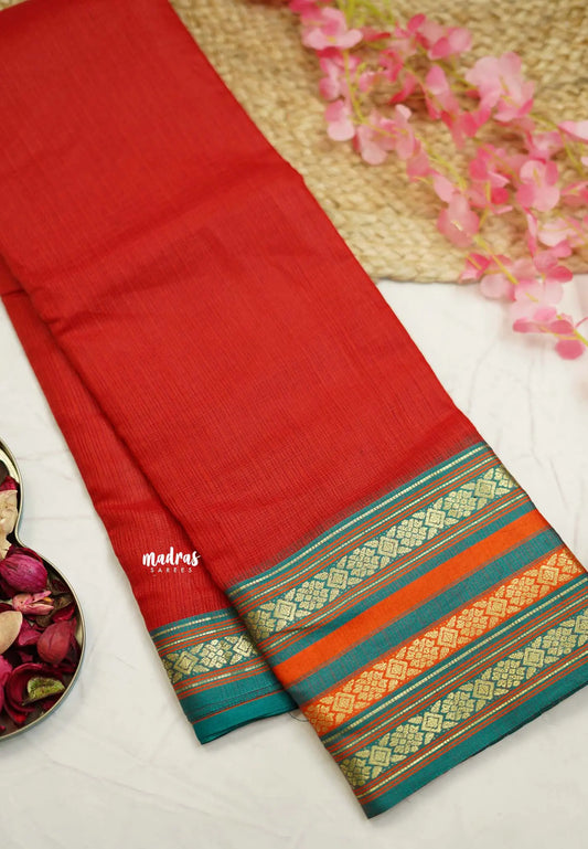 Shalini Plain kota semi silk saree with multicolor border Pinkish Red