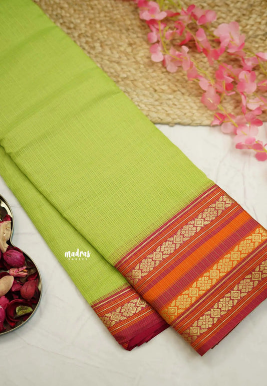 Shalini Plain kota semi silk saree with multicolor border pastel green