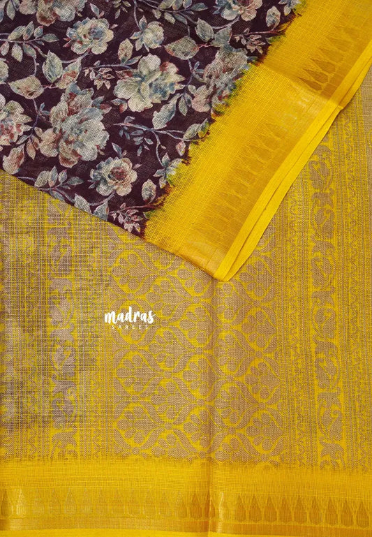 Winebrown with Yellow -  Shalini Kota Silk with Floral prints with Small Border