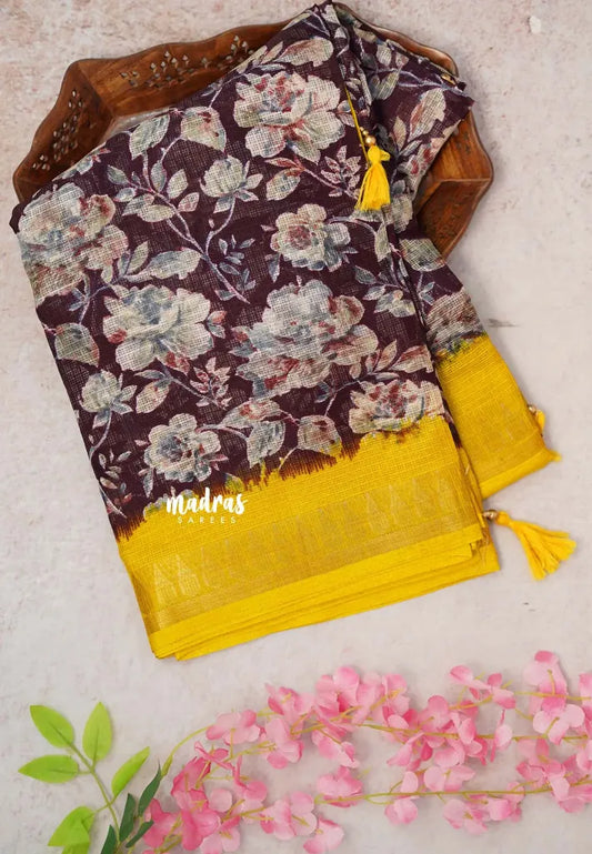 Winebrown with Yellow -  Shalini Kota Silk with Floral prints with Small Border