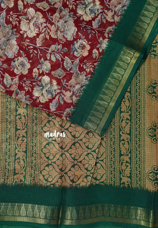 Maroon with Green -  Shalini Kota Silk with Floral prints with Small Border