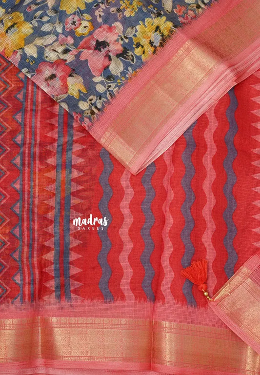 Bluish Grey with Peach -  Shalini Kota Silk with Floral prints with Small Border