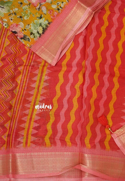 Orangish Yellow with Peach -  Shalini Kota Silk with Floral prints with Small Border