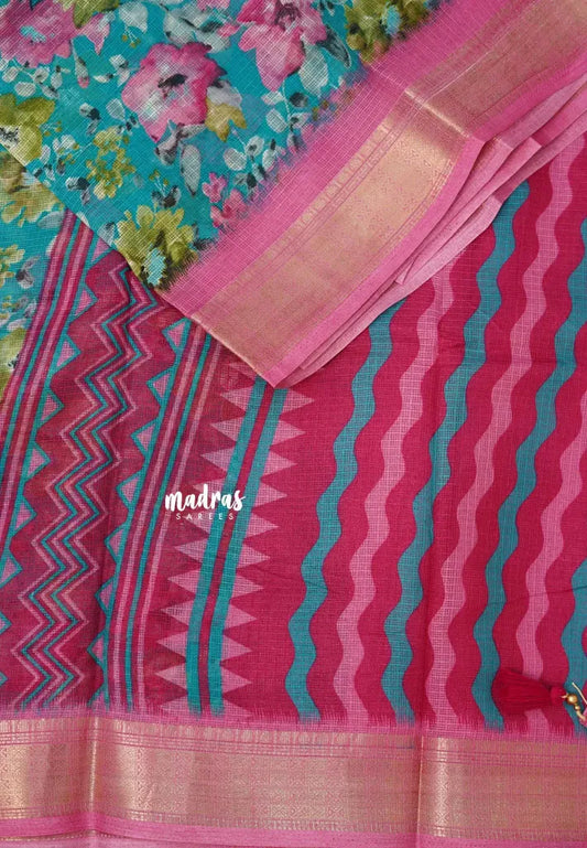 Blue with Pink -  Shalini Kota Silk with Floral prints with Small Border