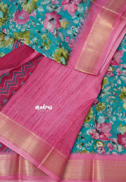Blue with Pink -  Shalini Kota Silk with Floral prints with Small Border