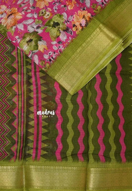 Rose pink with Green -  Shalini Kota Silk with Floral prints with Small Border