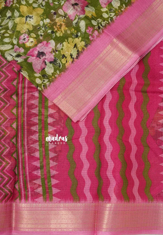 Green with Pink -  Shalini Kota Silk with Floral prints with Small Border