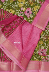 Green with Pink -  Shalini Kota Silk with Floral prints with Small Border