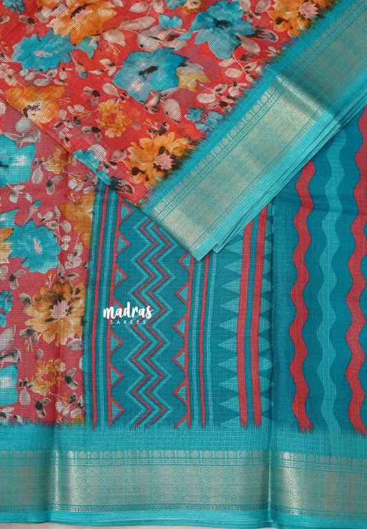 Dark Peach with Blue -  Shalini Kota Silk with Floral prints with Small Border
