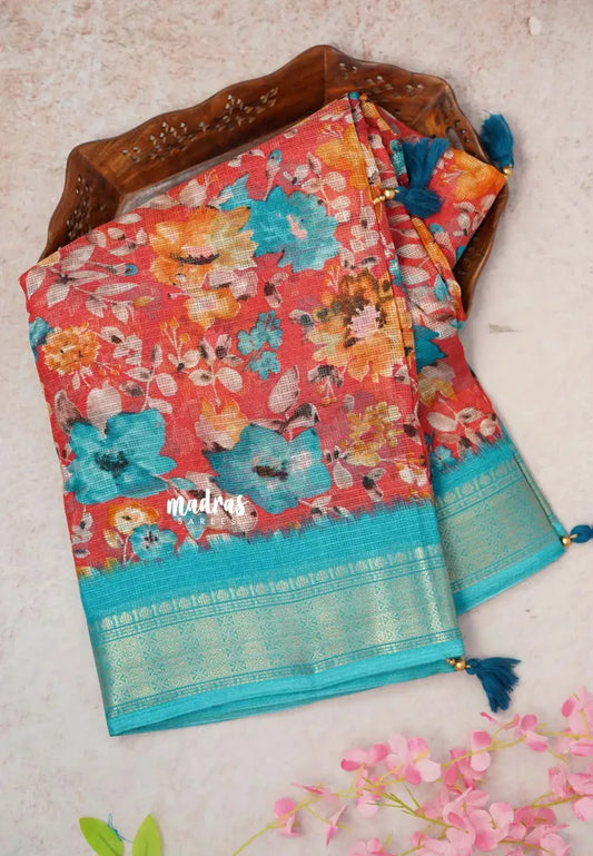 Dark Peach with Blue -  Shalini Kota Silk with Floral prints with Small Border
