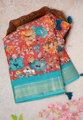 Dark Peach with Blue -  Shalini Kota Silk with Floral prints with Small Border