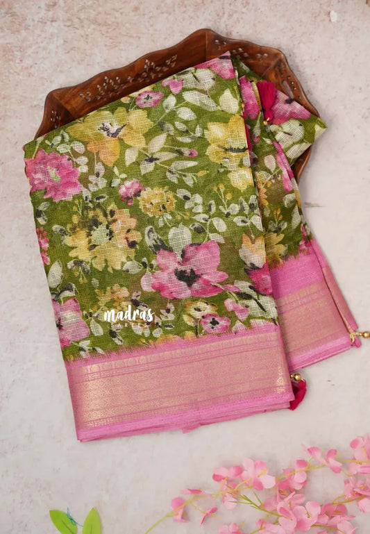 Green with Pink -  Shalini Kota Silk with Floral prints with Small Border