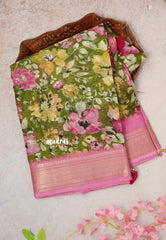 Green with Pink -  Shalini Kota Silk with Floral prints with Small Border