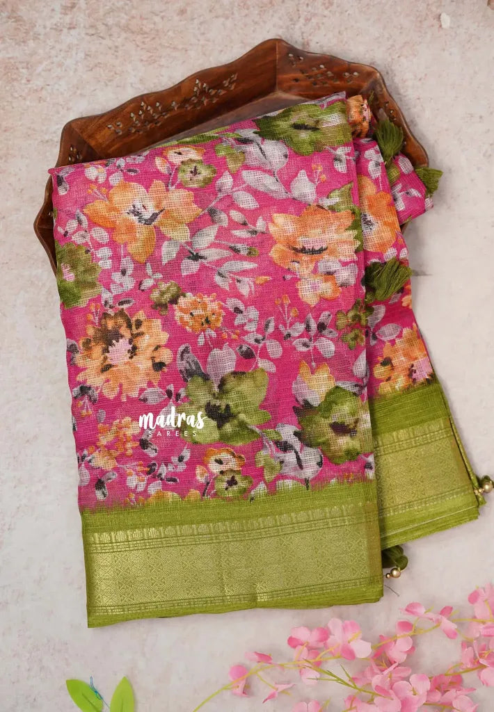 Rose pink with Green -  Shalini Kota Silk with Floral prints with Small Border