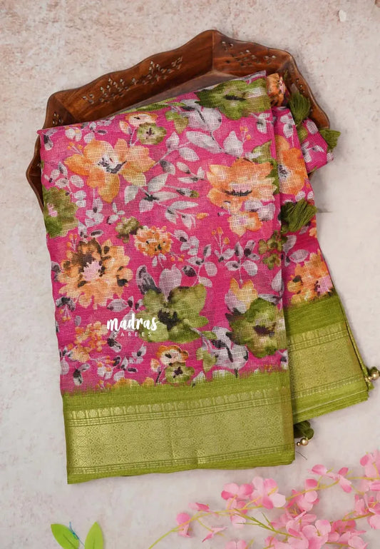 Rose pink with Green -  Shalini Kota Silk with Floral prints with Small Border