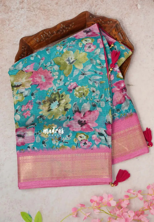Blue with Pink -  Shalini Kota Silk with Floral prints with Small Border
