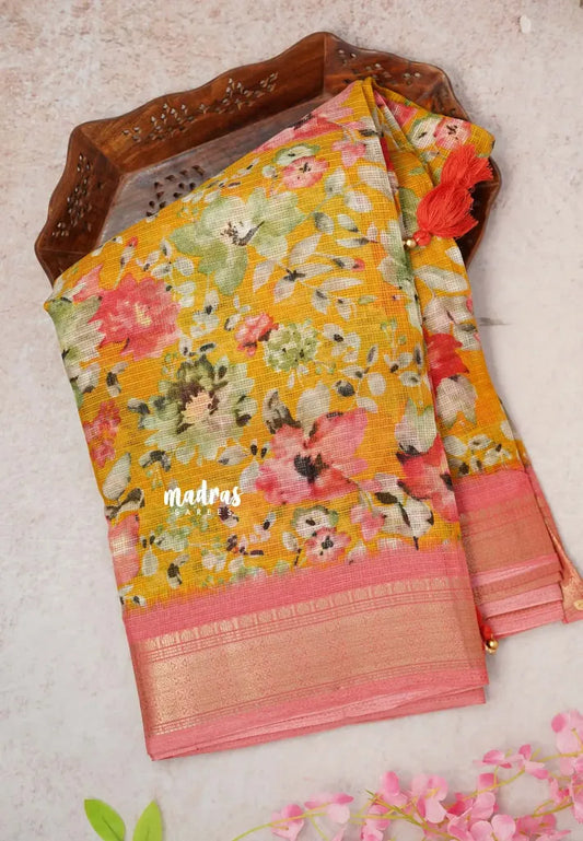 Orangish Yellow with Peach -  Shalini Kota Silk with Floral prints with Small Border