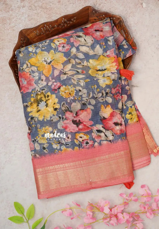 Bluish Grey with Peach -  Shalini Kota Silk with Floral prints with Small Border