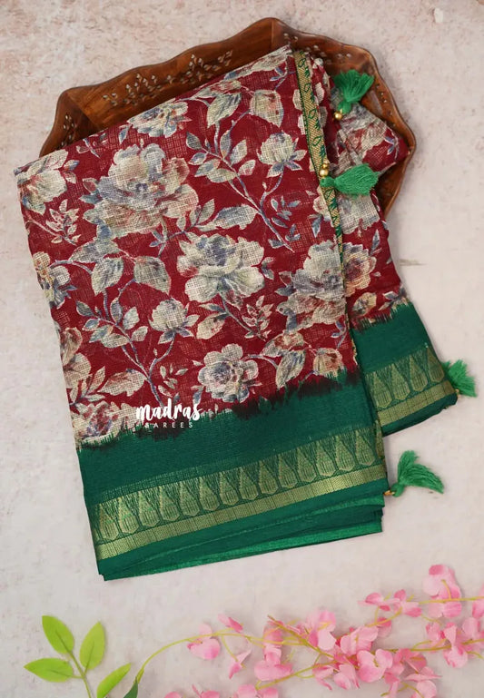 Maroon with Green -  Shalini Kota Silk with Floral prints with Small Border