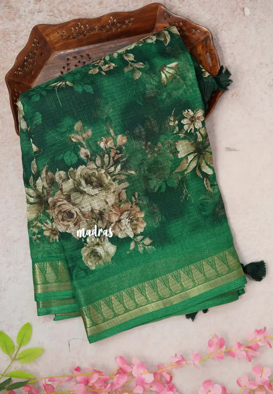 Dark Green -  Shalini Kota Silk with Floral prints with Small Border