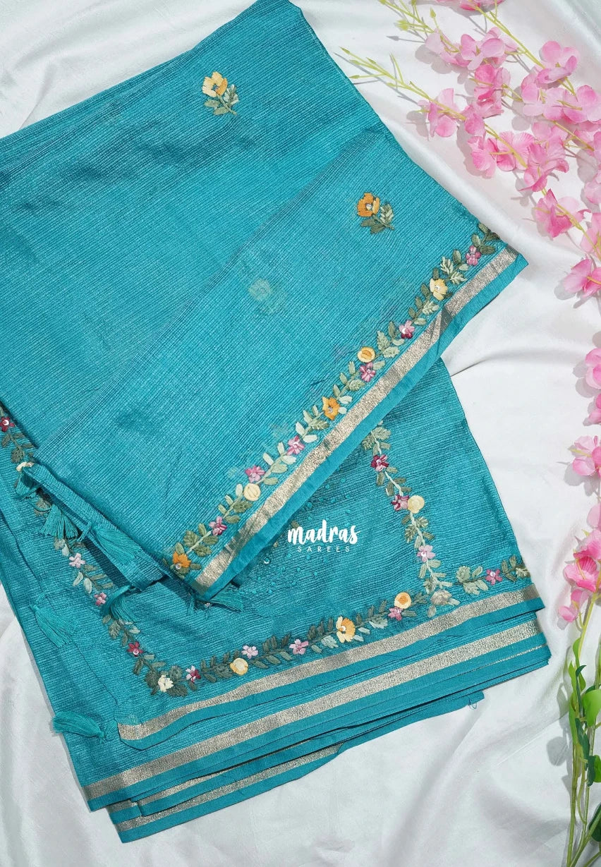 Teal Blue - Premium Kota Silk with Hand Stitched Embroidery - Best for Office Wear | Hightea Party