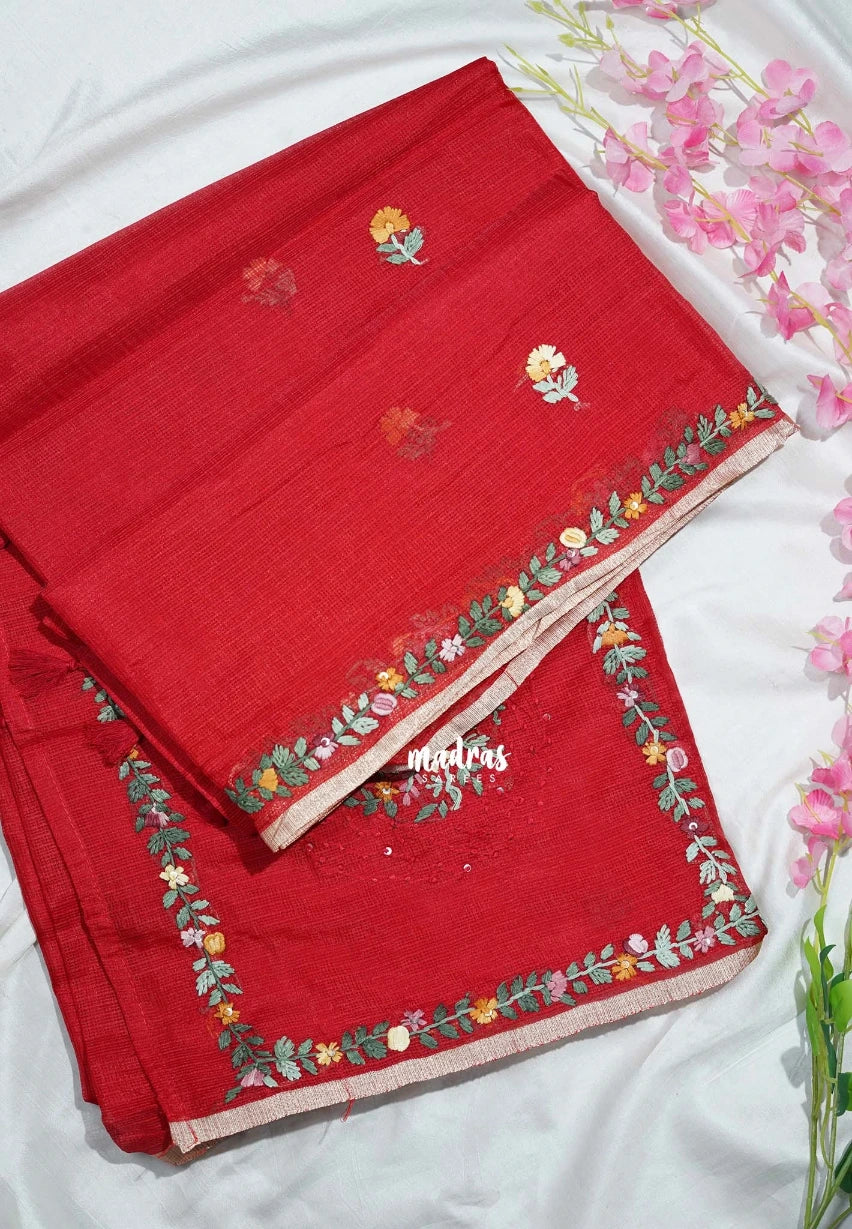 Spicy Red - Premium Kota Silk with Hand Stitched Embroidery - Best for Office Wear | Hightea Party