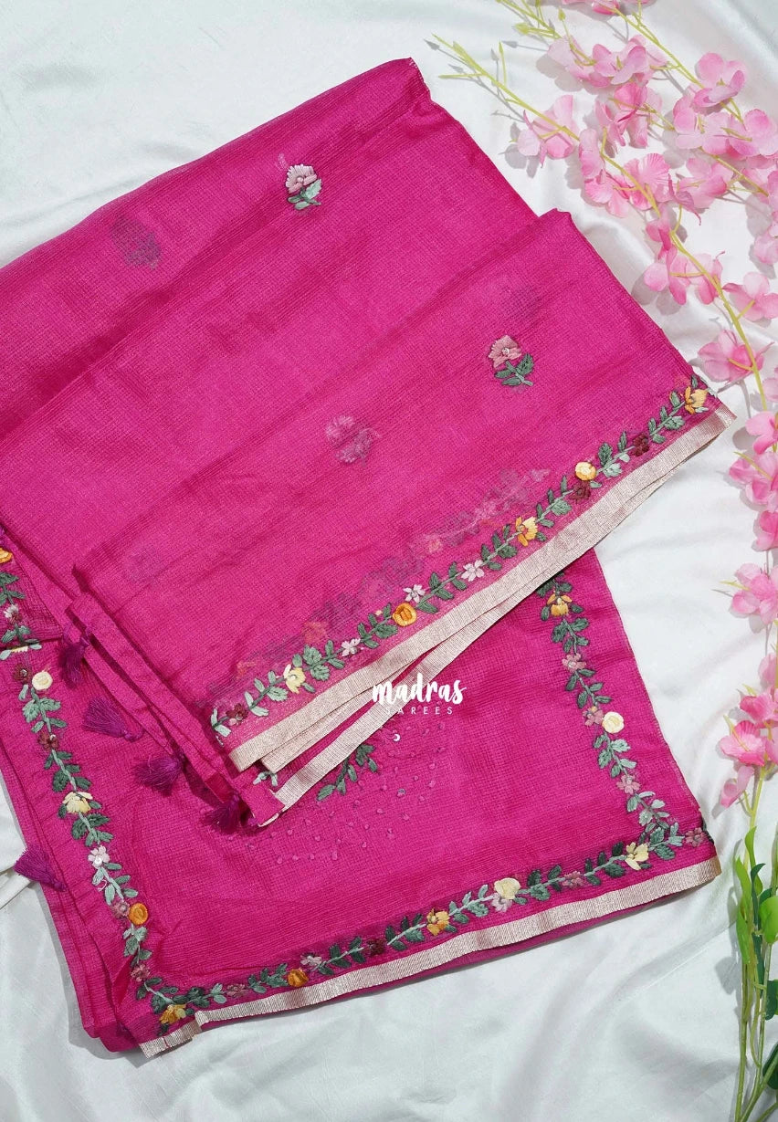 Fuchsia Pink - Premium Kota Silk with Hand Stitched Embroidery - Best for Office Wear | Hightea Party
