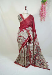 Majestic Maroon - Shalini Premium Kota Silk with Kalahasti Prints - Best for Pooja Functions | Casual Wear