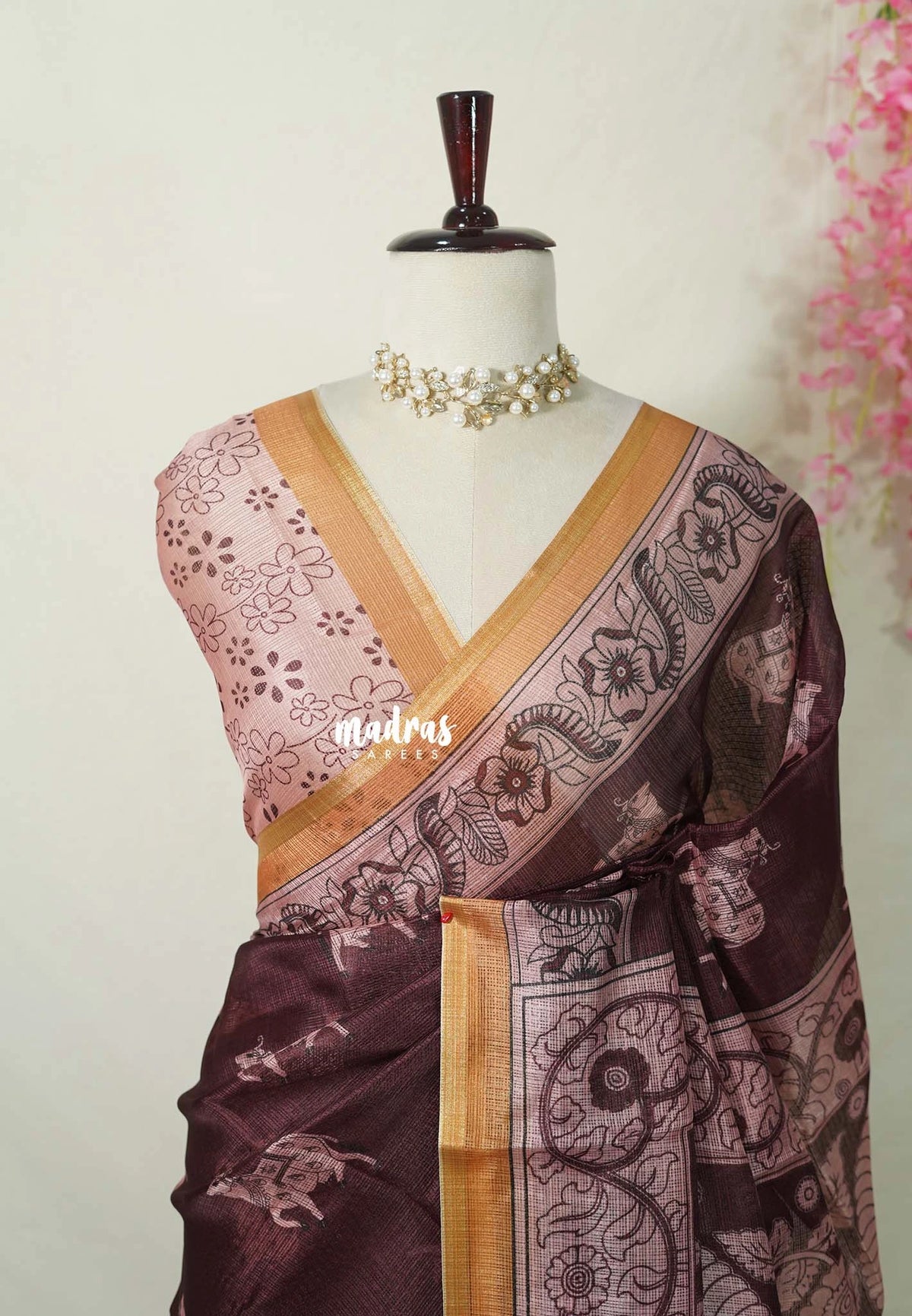 Deep Wine Brown - Shalini Premium Kota Silk with Kalamkari Prints Floral Border and Blouse - Best for Small Functions