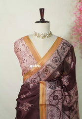 Deep Wine Brown - Shalini Premium Kota Silk with Kalamkari Prints Floral Border and Blouse - Best for Small Functions