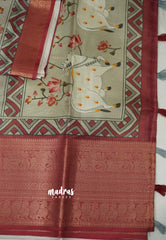 Shalini - Pichwai Printed kota semi silk saree with rich banarasi border - Grey color